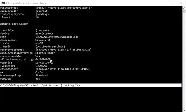 Command Prompt hiển thị Boot Log đang được bật